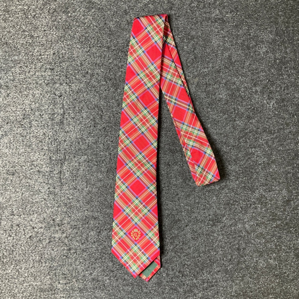 Lauren Ralph Lauren Necktie Mens OS Red Silk Plaid Tartan Crest Classic Preppy